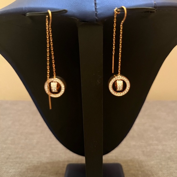 New. Swarovski Rose Gold-Tone Pavé Circle & Chain Threader Earrings - Picture 2 of 2